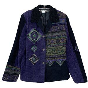 Vtg Nancy Bolen City Girl Aztec Southwestern Tapestry Jacket Purple Black Size M